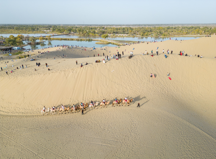 游客在羅布人村寨景區領略大漠風光
